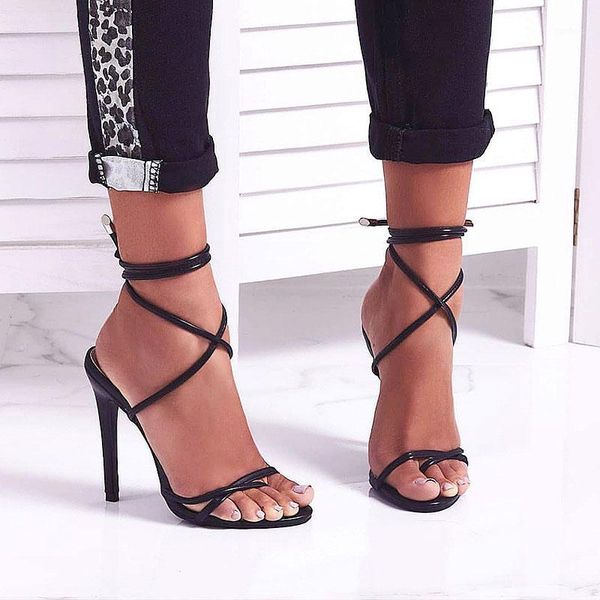 

cleverly2020 chao gao wind gen it hurts dew toe kitten-heel lace up sandals perforated roman strap l women's shoes1, Black