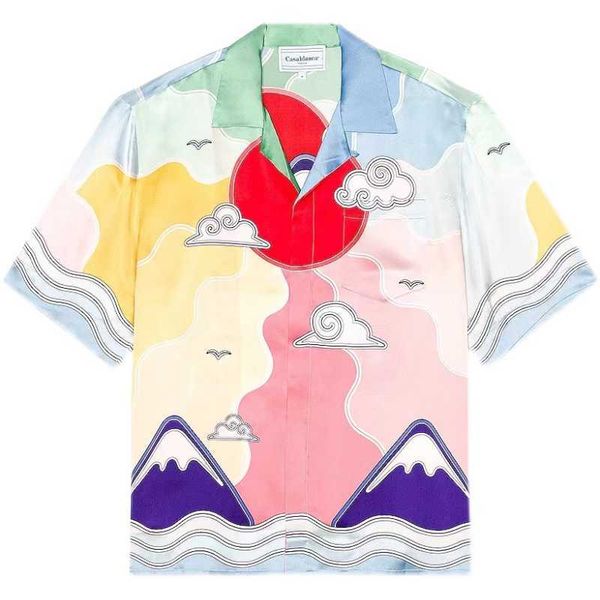 

men's shirts original new casablanca high texture red sun mountain color gradient silk hawaiian short sleeve shirt, White;black