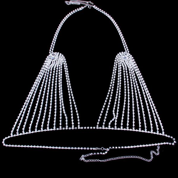 

luxury big crystal body bra chain jewlery for women rhinestone underwear bikini bra christmas jewellery gift, Silver