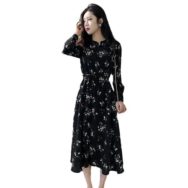 

2020 spring autumn new korean base long-sleeved mid-length retro floral plus size chiffon dress women chiffon dress 15b, Black;gray