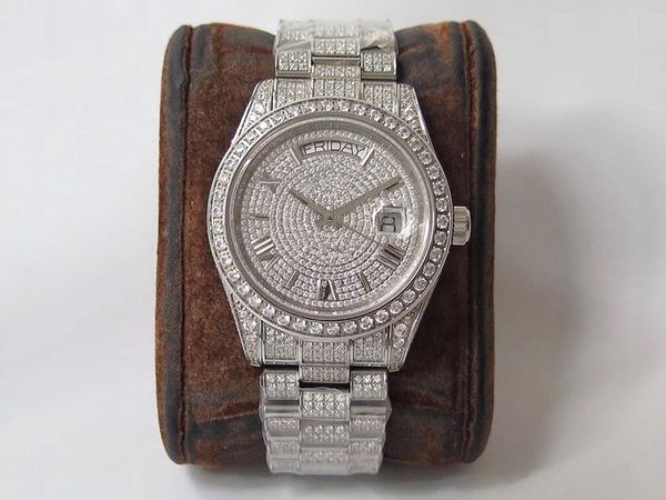 

mens watch 904l diamond watch reloj de lujo 2836 movement watches week calendar double time automatic montre de lux, Slivery;brown