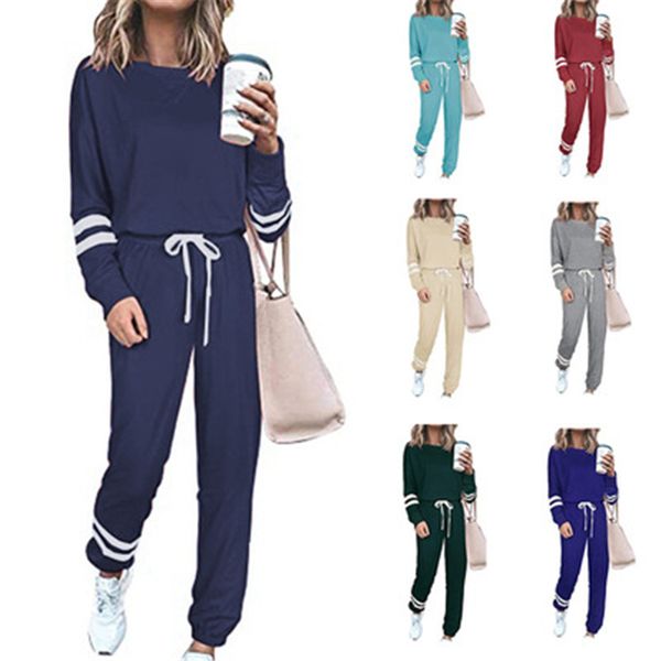 

women solid color 2pcs sets fashion trend long sleeve round neck drawstring trousers tracksuits spring female plus size casual suits, Gray