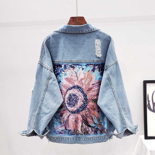

boho denim jacket for women frayed holes sequin floral appliques embroidery jeans jacket coat loose long sleeve outerwear female1, Black;brown