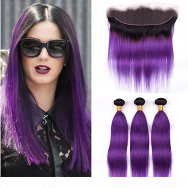 

#1b purple ombre hair bundles with lace frontal 13x4 black to purple ombre peruvian human hair straight weave wefts with frontal closure