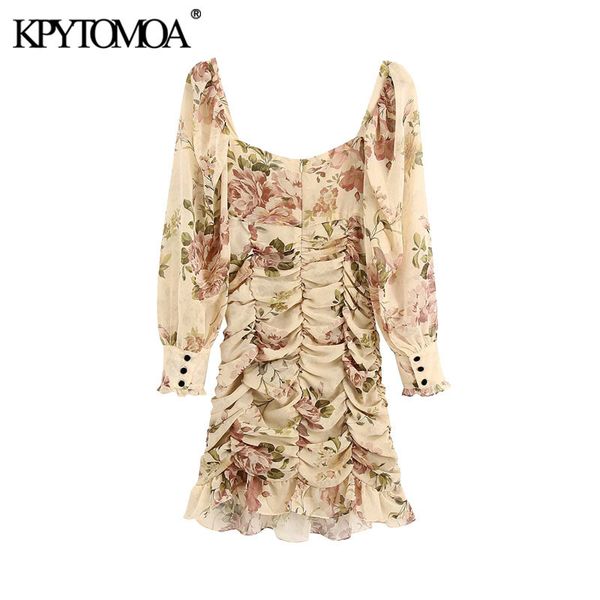 

kpytomoa women 2020 fashion floral print ruffled draped mini dress vintage lantern sleeve back zipper female dresses vestidos h1210, Black;gray