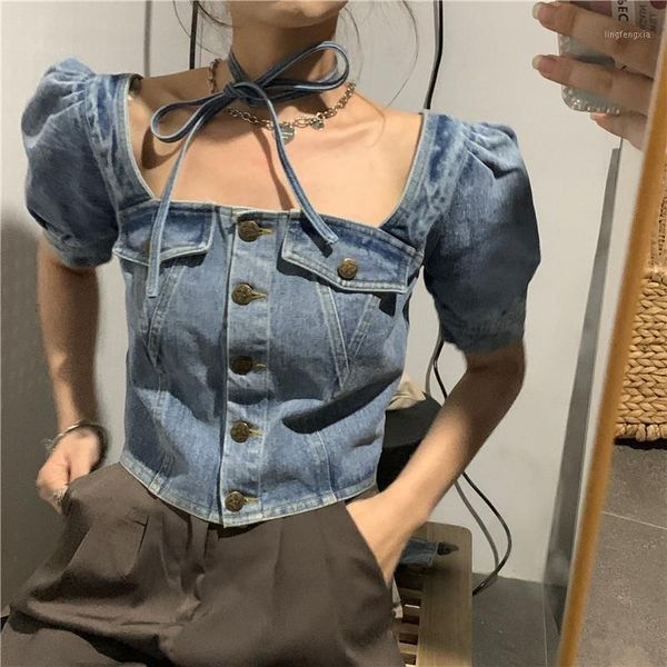 

cbafu women single breasted denim crop blouse streetwear square collar puff sleeve short green female shirt mujer f7071, White