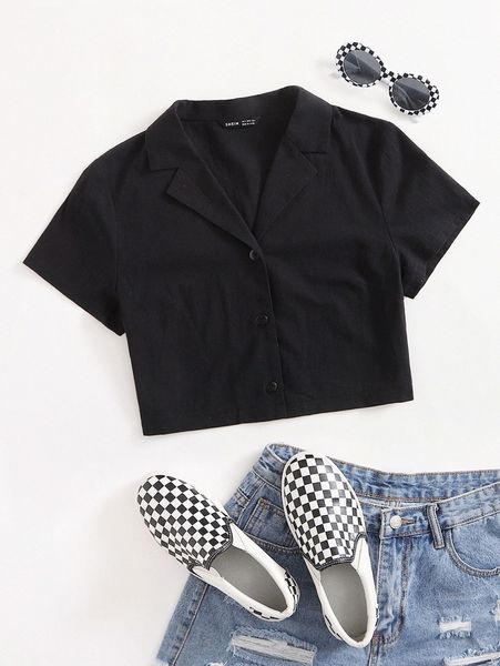 

notched collar buttoned front blouse e63r#, White