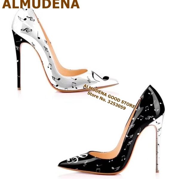 

almudena music notes pirnted high heels white black color patchwork dress shoes pointed toe patent leather wedding pumps 12cm t200525