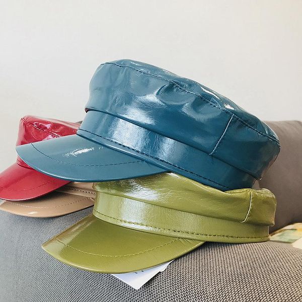 

202101-xu new spring color pu mirror patent faux leather leisure lady octagonal hat men women visors cap, Blue;gray