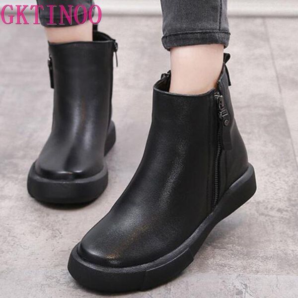 

boots 2021 autumn fashion women genuine leather handmade vintage flat ankle botines shoes woman winter botas, Black