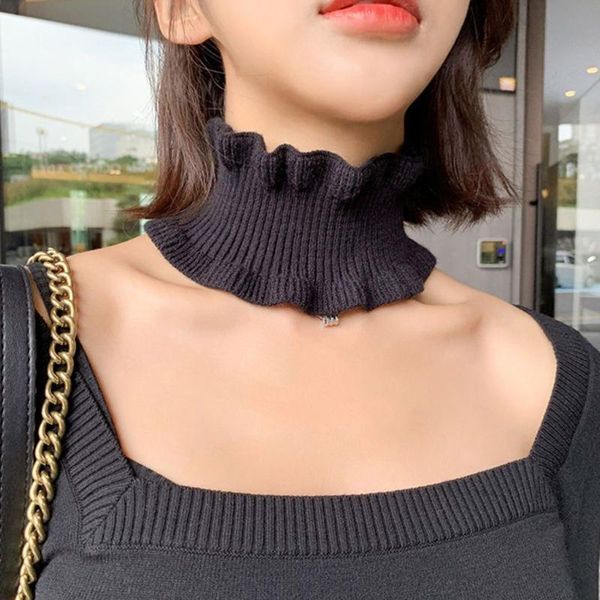 

women girls winter high neck warmer ribbed knit ruffles trim solid color choker circle loop decorative fake collar, Blue;gray
