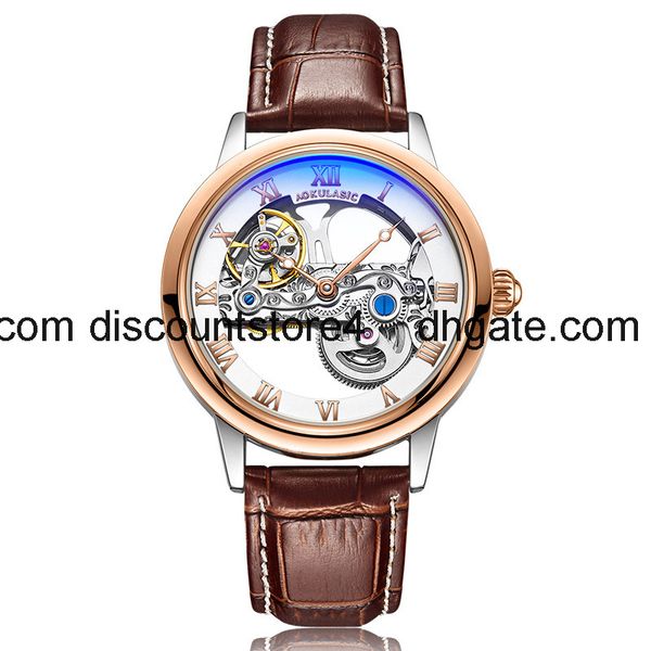 

aokulasic men's automatic mechanical watch hollow through flywheel belt watch 5003g, Slivery;brown