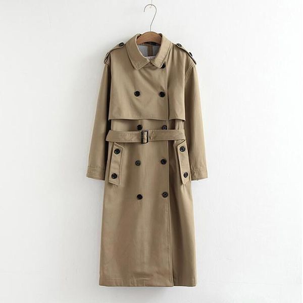 

women casual solid color double breasted outwear sashes office coat chic epaulet design long trench autumn collection, Tan;black