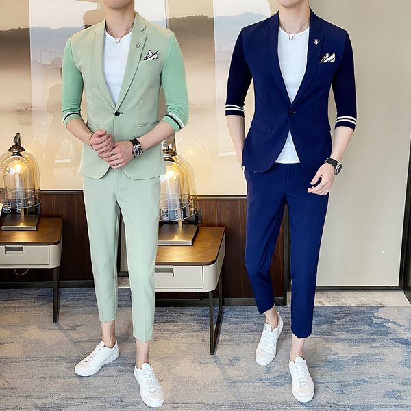 

british style business casual blazer+pants men summer fashion 2 piece suits slim fit suit jacket ankle-length trousers, White;black