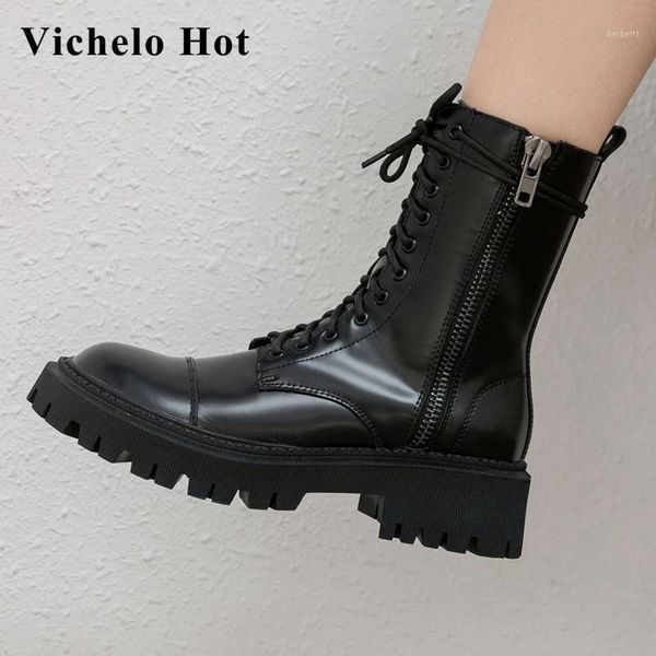 

boots vichelo genuine leather round toe med heel motorcycle cross-tied handsome young lady streetwear mid-calf l311, Black