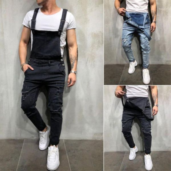 

men distressed denim carpenter overalls bib jumpsuits moto biker jean pants1, Blue