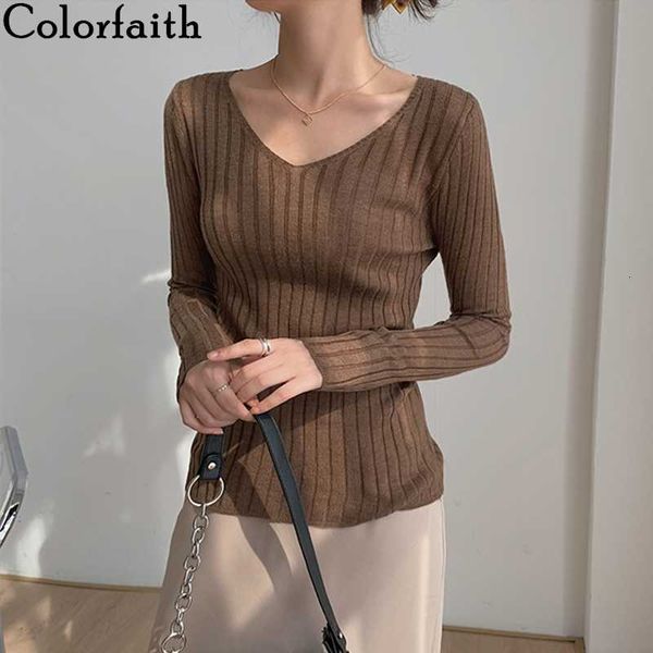 

colorfaith new 2021 autumn winter women's sweaters pullover v-neck minimalist slim bottoming solid colors t200910, White;black