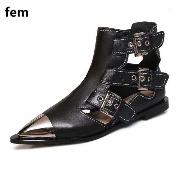 

metal toe women's shoes flats ankle boots for women summer cut out buckle sandals boots for women botines mujer genuine leather1, Black