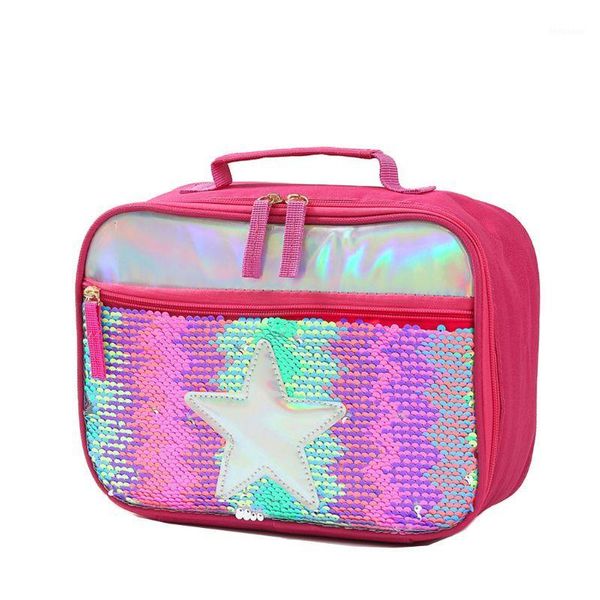 

portable insulated thermal cooler lunch box flip sequins tote picnic storage bag pouch1, Blue;pink