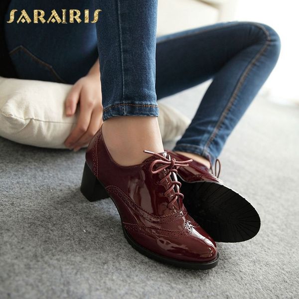 

sarairis large size 34-43 women british lace up chunky heels platform patent pu shoes woman school girls pumps lj200928, Black