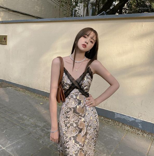 

snakeskin leopard long dress women summer vest suspender elegant dating party lady dresses1, Black;gray