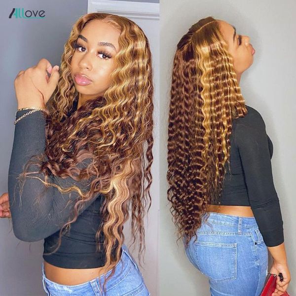 

lace wigs allove highlight deep curly front human hair ombre wave wig honey blonde pre pluked, Black;brown