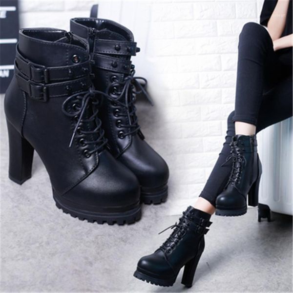 

boots fashion women's lace-up zipper buckle strap chunky high heel platform punk rivet storm chaser motorcycle boot1, Black