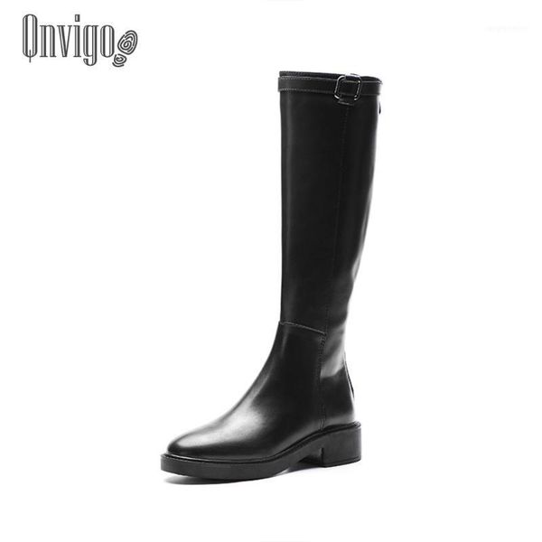 

qnvigo long boots women boots female with zips genuine leather big size women high jeans thick heel metal decoration shoes1, Black