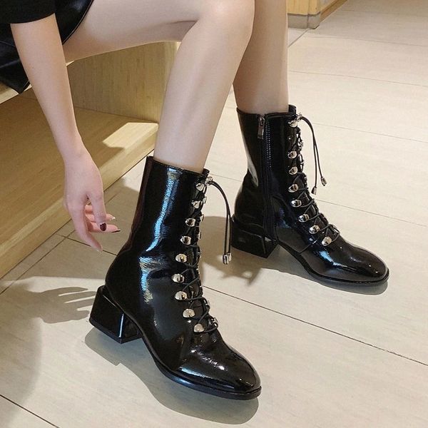 

lucyever fashion patent leather ankle boots for women metal cross strap square heels shoes woman autumn winter black short botas #ys2x