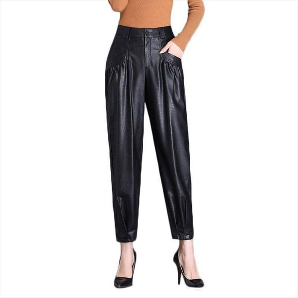

autumn women pu leather pants fashion high waist faux leather harem pants ladies trousers pockets bottoms streetwear mujer, Black;white