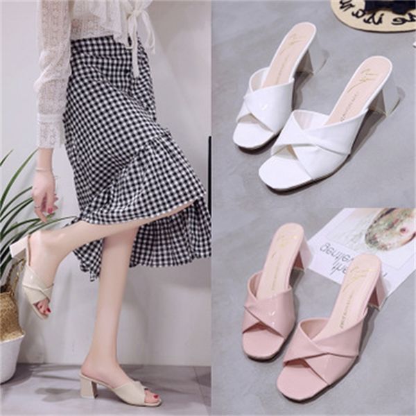 

2020 casual slipper short design high 6.5 in square heels plutonium peep-toe solid slippers lazy women's ef76, Black