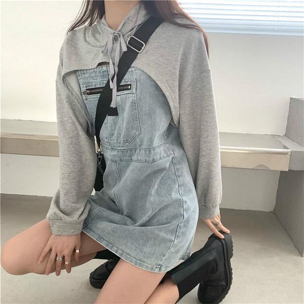 

sleeve denim y2k women long streetwear casual party mini jean female elegant one-piece dress korean 2020 autumn chic1, Black;gray