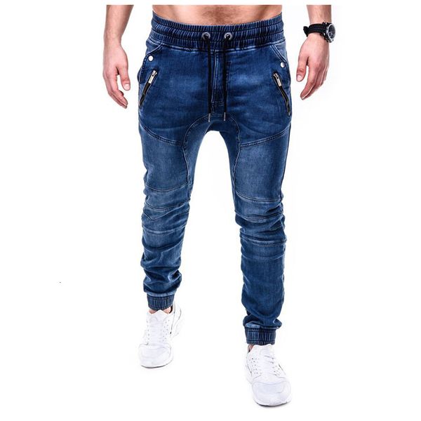 

men's elastic wash denim casual sports leg - tied jeans man, Blue