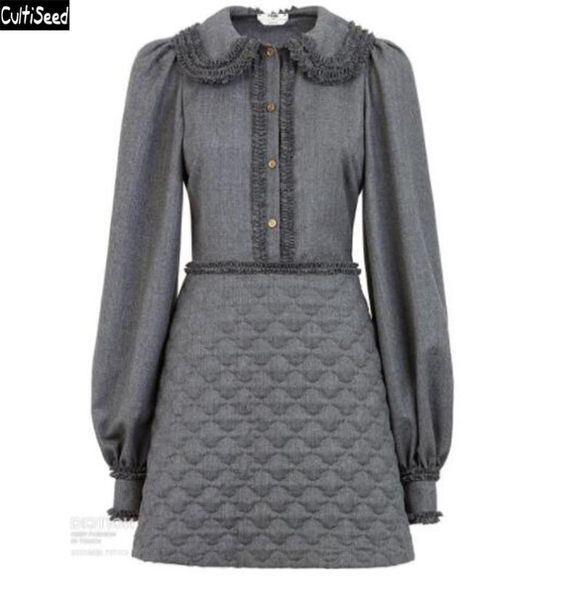 

cultiseed women autumn winter peter pan collar lantern sleeve princess party dress female new office work slim waist gowns, Black;gray