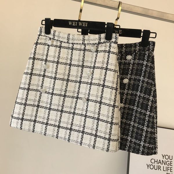 

2021 new plaid women autumn and winter double-breasted woolen bag hip skirt 9ay8, Black