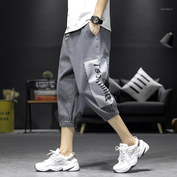 

summer casual stretch men's jeans shorts fashion stitching letters thin section cropped pants cotton elastic waist loose shorts1, Blue