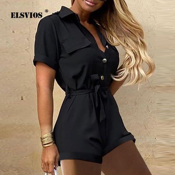 

women summer deep v neck short sleeve overalls casual button shirt solid jumpsuit elegant office lady one piece romper belt1, Black;white