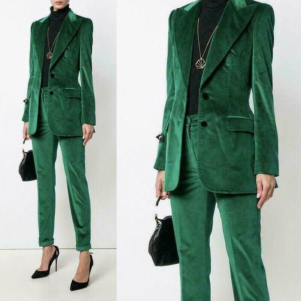 

green women suits office ladies velvet pants suit 2 piece formal business blazer, White