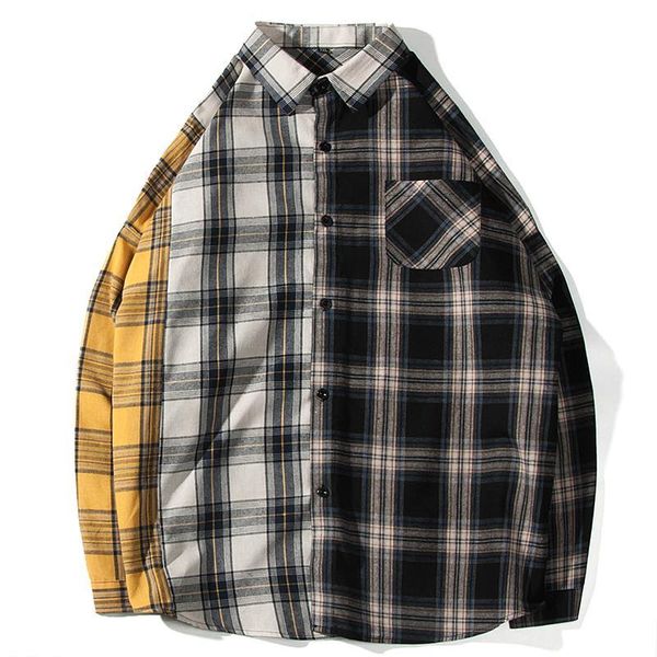 

for plaid shirts man men hip patchwork long casual blouse hop fashion sleeve streetwear shirt korean hxann, Black