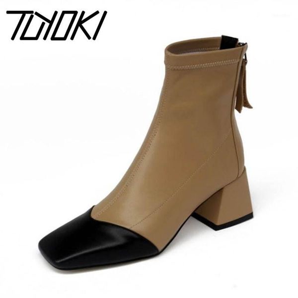 

tuyoki genuine leather ankle boots women fashion snake print square toe high heels casual zipper short boots size 34-391, Black