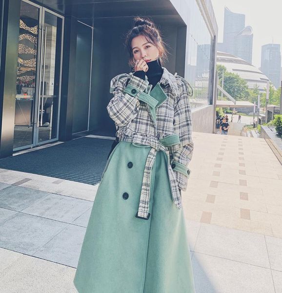 

women's wool & blends autumn winter double breasted belted splice plaid women long woolen coat female krean elegant loose trench overco, Black