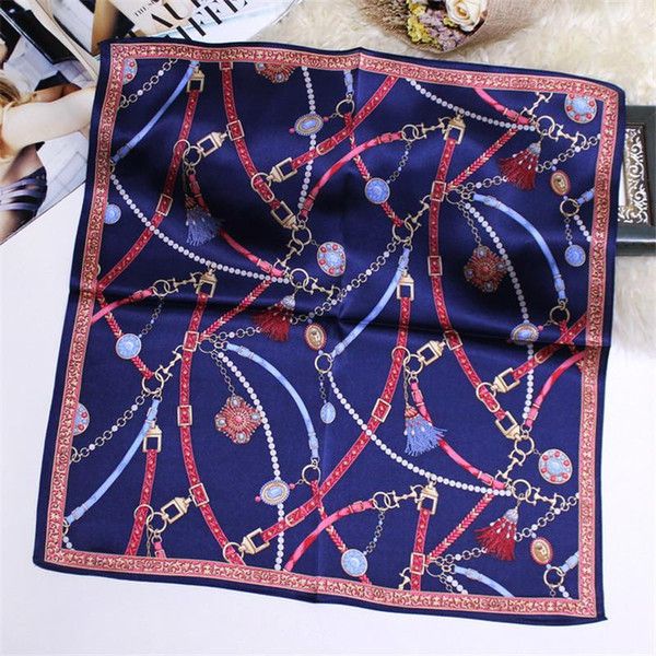 

pure silk scarf women tassel chain print square scarves wraps silk foulard head neckerchief hijab bandana 53x53cm, Blue;gray