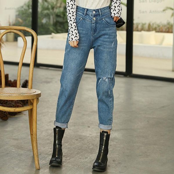 

woman casual ripped jeans hole high waist leisure vintage straight denim pants female boyfriend streetwear torn trouser cowboy1, Blue
