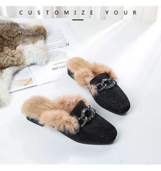 

2021 new hairy women's winter red net-style hair half slippers 9hhj, Black