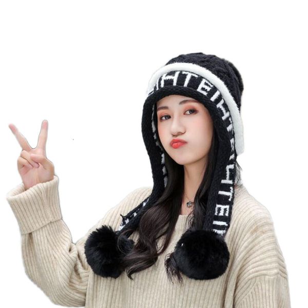 

fashion women's winter hat female add fur lining knitted hat with pompoms ball beanie cap girls thick warm beanie, Blue;gray