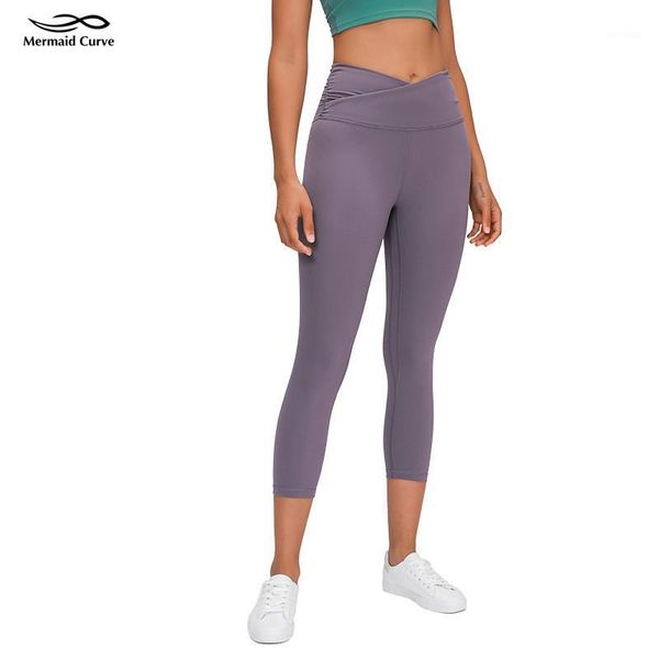 

mermaid curve crop 21" inseam yoga leggings high rise cross waist women tight yoga pants buttery-soft fabric capris pants1, White;red