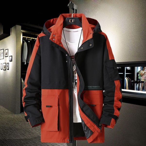 

2021 new men's hooded plus size oversized jacket retro pocket casual spring male coat colorblock 9xl 10xl jpma t41u, Black;brown