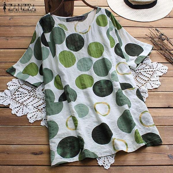 

fashion polka dot women's printed blouse zanzea 2021 casual short sleeve shirts female o neck blusas plus size tunic 5xl1, White