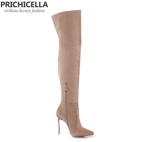 

prichicella iron heel genuine leather brown women thigh high boots high heeled tall gladiator booties size34-42 201125, Black