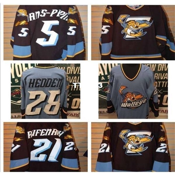 

real 421 real full embroidery echl 2010-11 toledo walleye 28 mike hedden 5 simon danis pepin jersey or custom any name or number jersey, Black